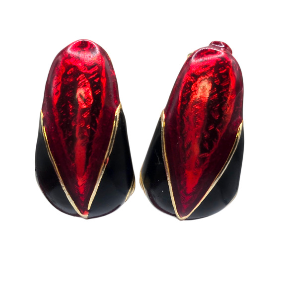 Clip On Earrings Red Black Enamel Gold Tone Abstract Retro Bold SKU2402 - Picture 1 of 5